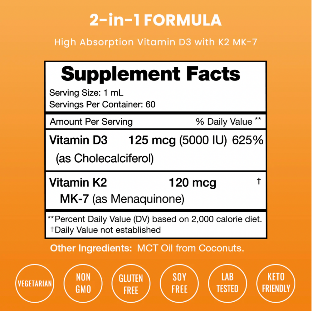 Nutrachamps D3 + K2 MK7 Liquid Drops in MCT Oil Supplement Facts- The Beauty Doctrine