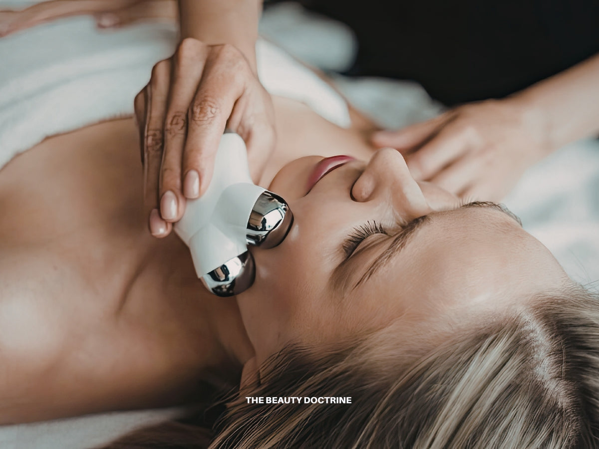 Flat lay of at-home microcurrent facial devices compared by skin type and clinical output