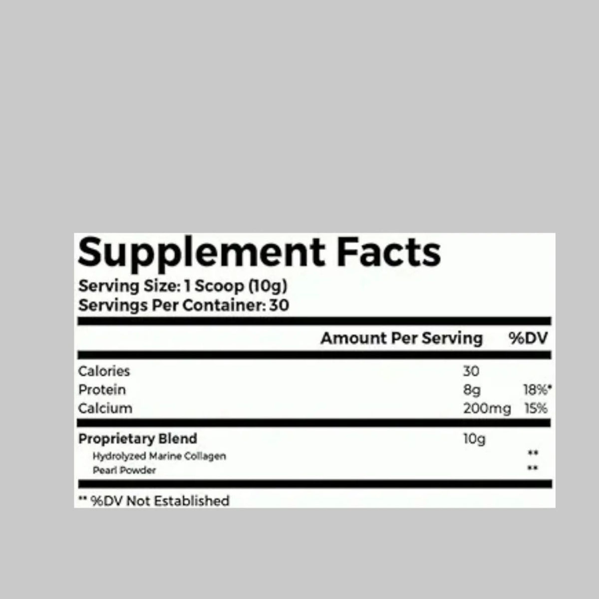 Holi (mane) supplement facts: 1 scoop (10 g), 30 servings, 8 g protein, marine collagen and pearl powder