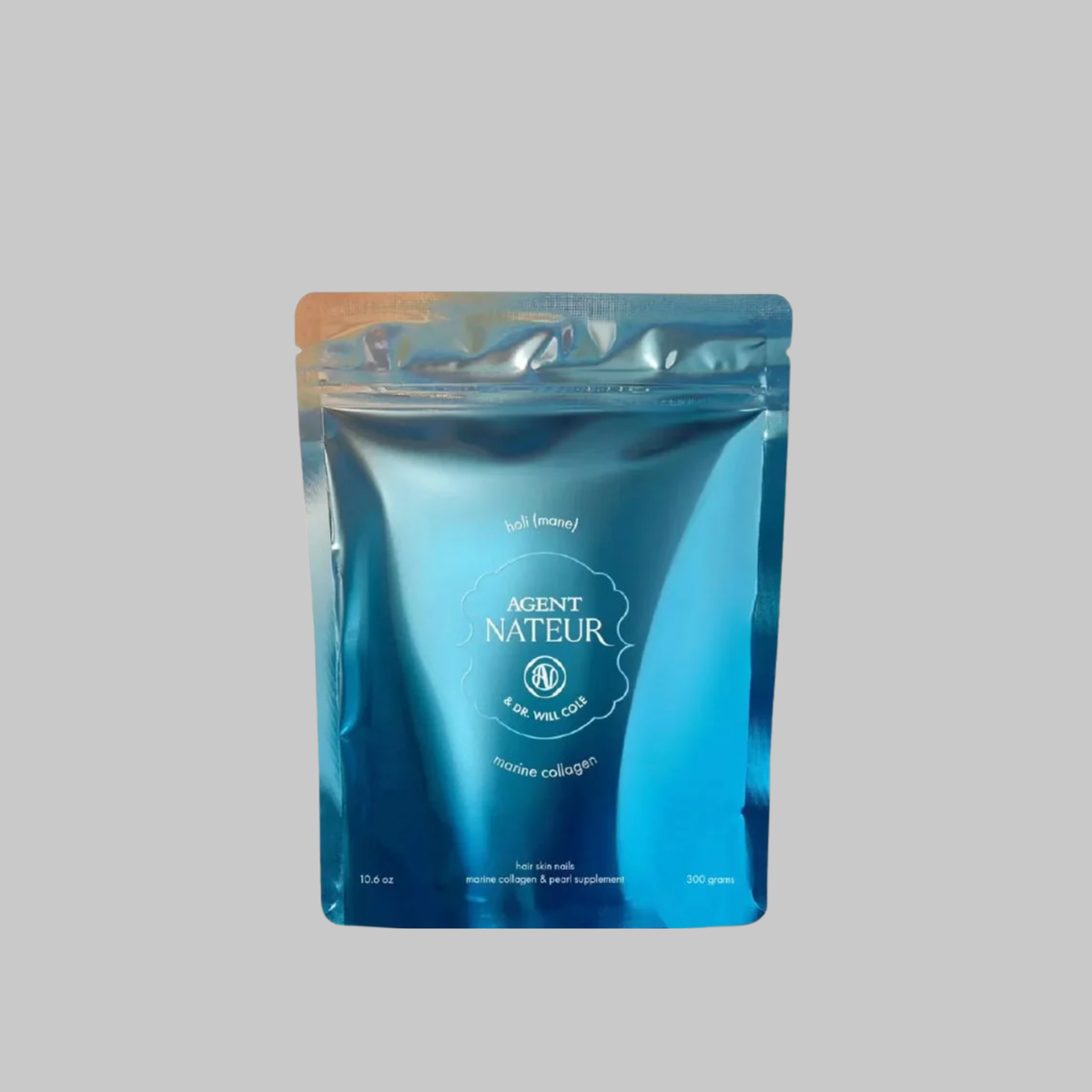 Agent Nateur holi (mane) marine collagen and pearl powder supplement in a metallic blue 300 g pouch.