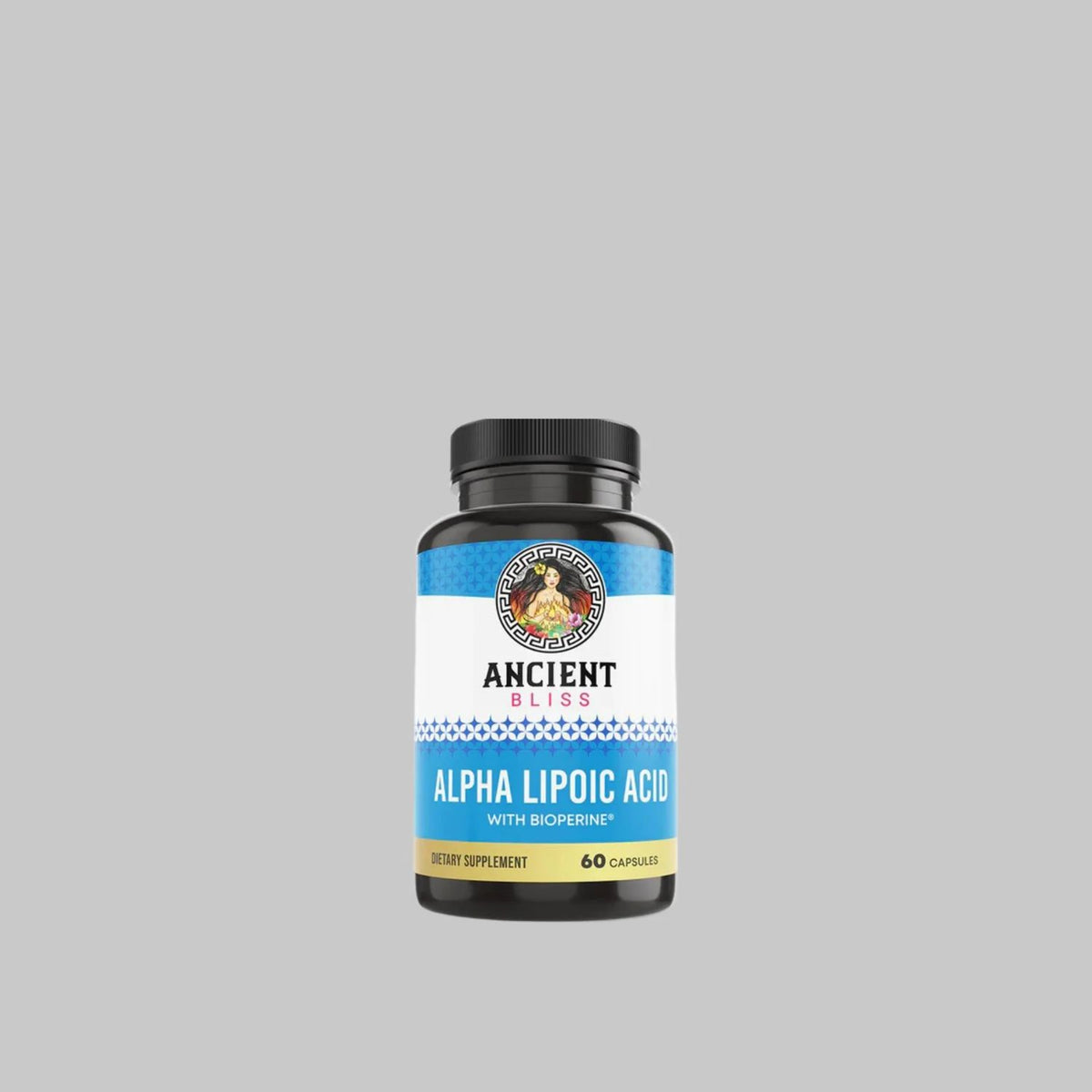 Ancient Bliss Alpha Lipoic Acid with BioPerine supplement bottle, 60 capsules.