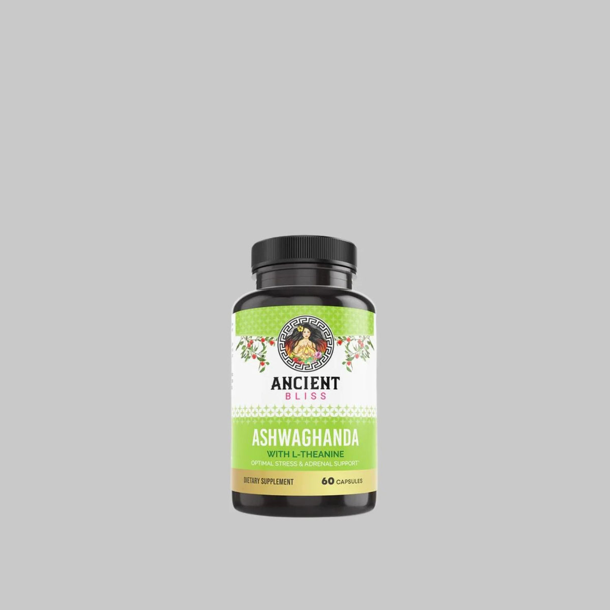 Ancient Bliss Ashwagandha with L-theanine, 60-capsule bottle on a gray background.