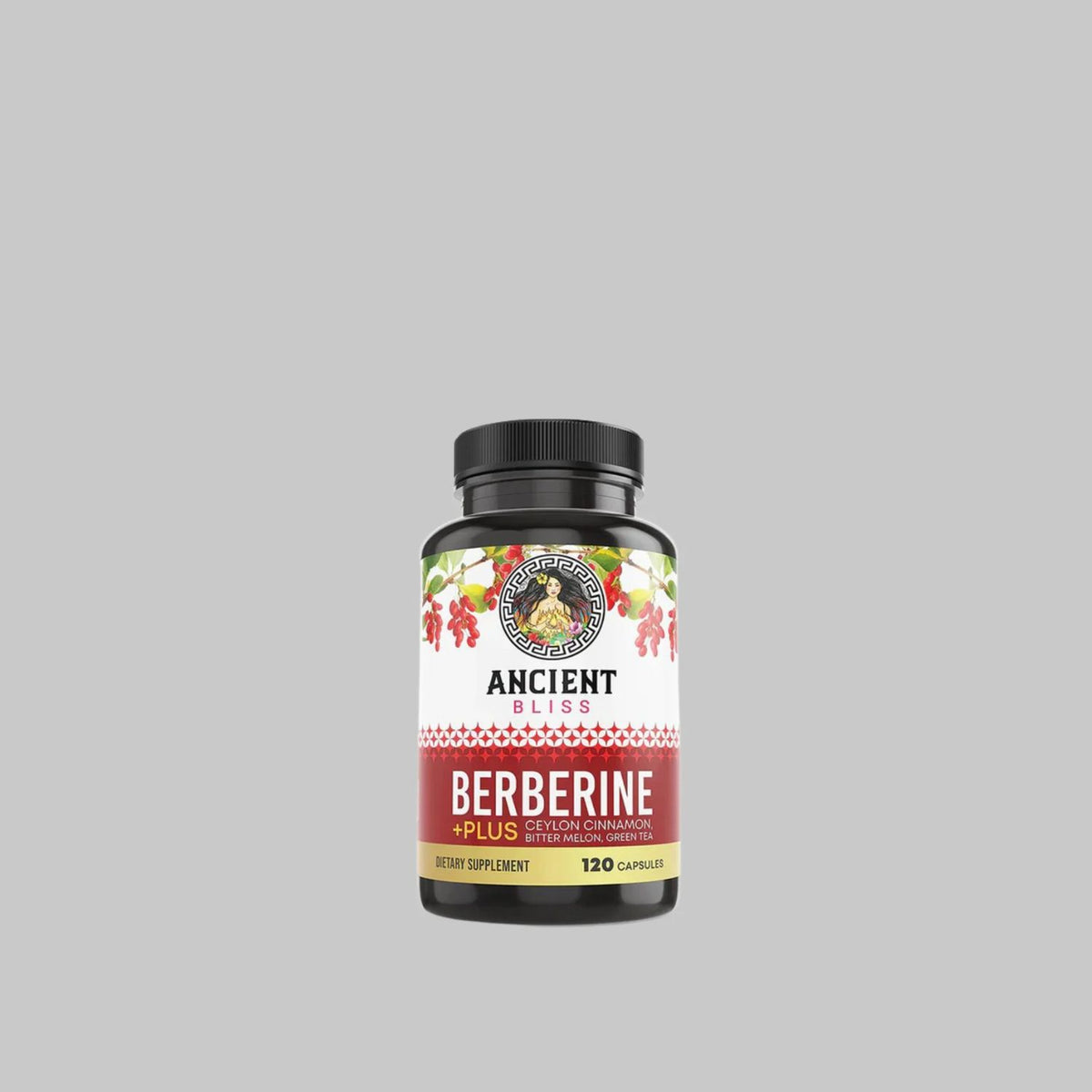 Ancient Bliss Berberine Plus bottle with Ceylon cinnamon, bitter melon and green tea, 120 capsules.