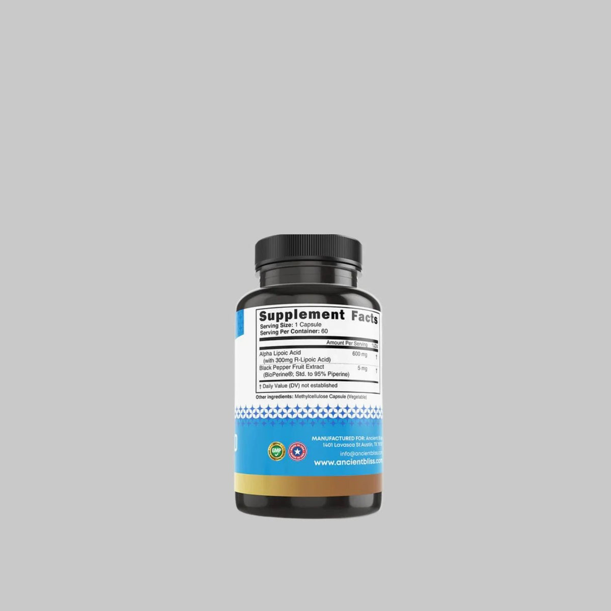 Ancient Bliss Alpha Lipoic Acid label showing 600 mg ALA and 5 mg BioPerine per capsule.