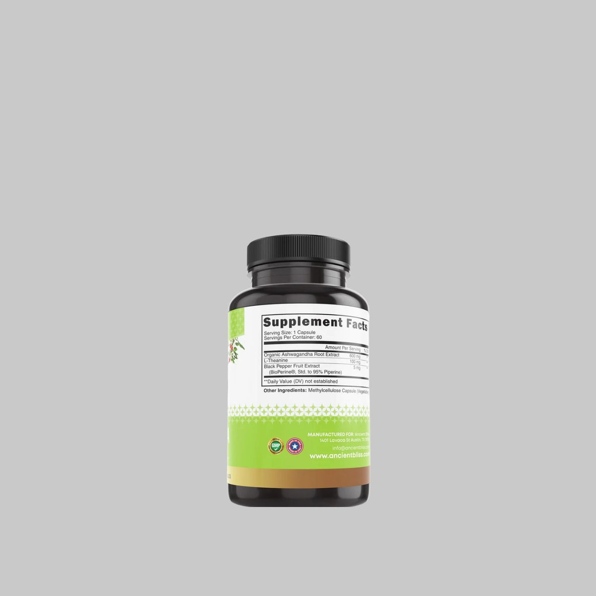 Ancient Bliss Ashwagandha supplement facts label listing ashwagandha root extract, L-theanine, and black pepper extract