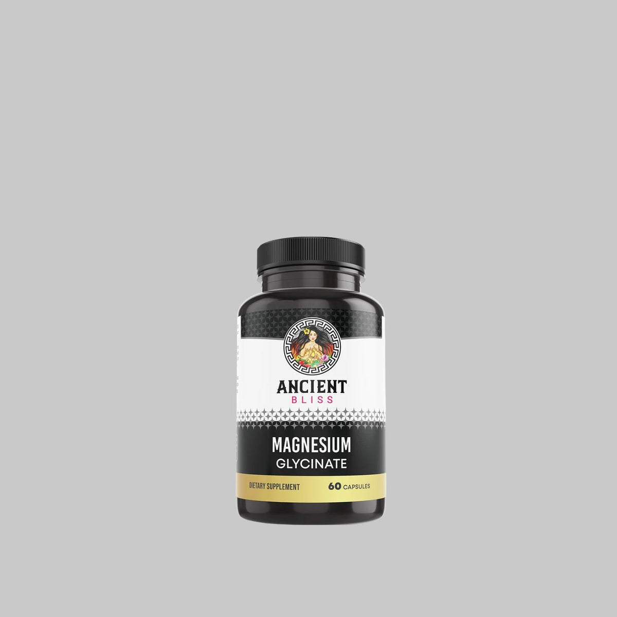 Front of Ancient Bliss Magnesium Glycinate 60-capsule bottle on a gray background