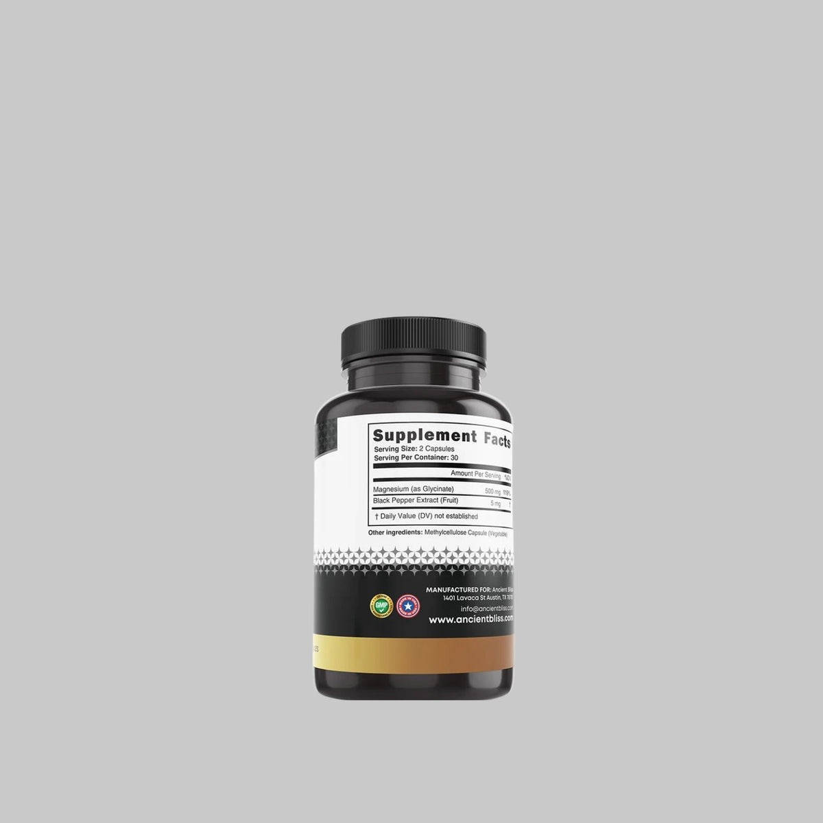 Back of Ancient Bliss Magnesium Glycinate bottle showing Supplement Facts and ingredients