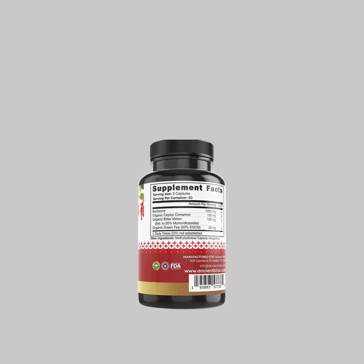 Supplement Facts label on Ancient Bliss Berberine Plus showing ingredients and a two-capsule serving size.