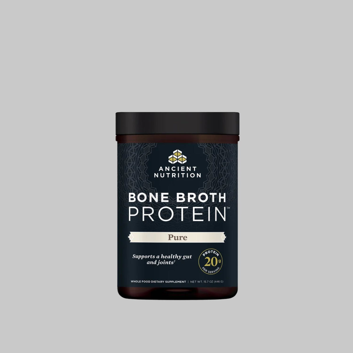 Ancient Nutrition Bone Broth Protein Pure container with 20g protein per serving, 15.7 oz.