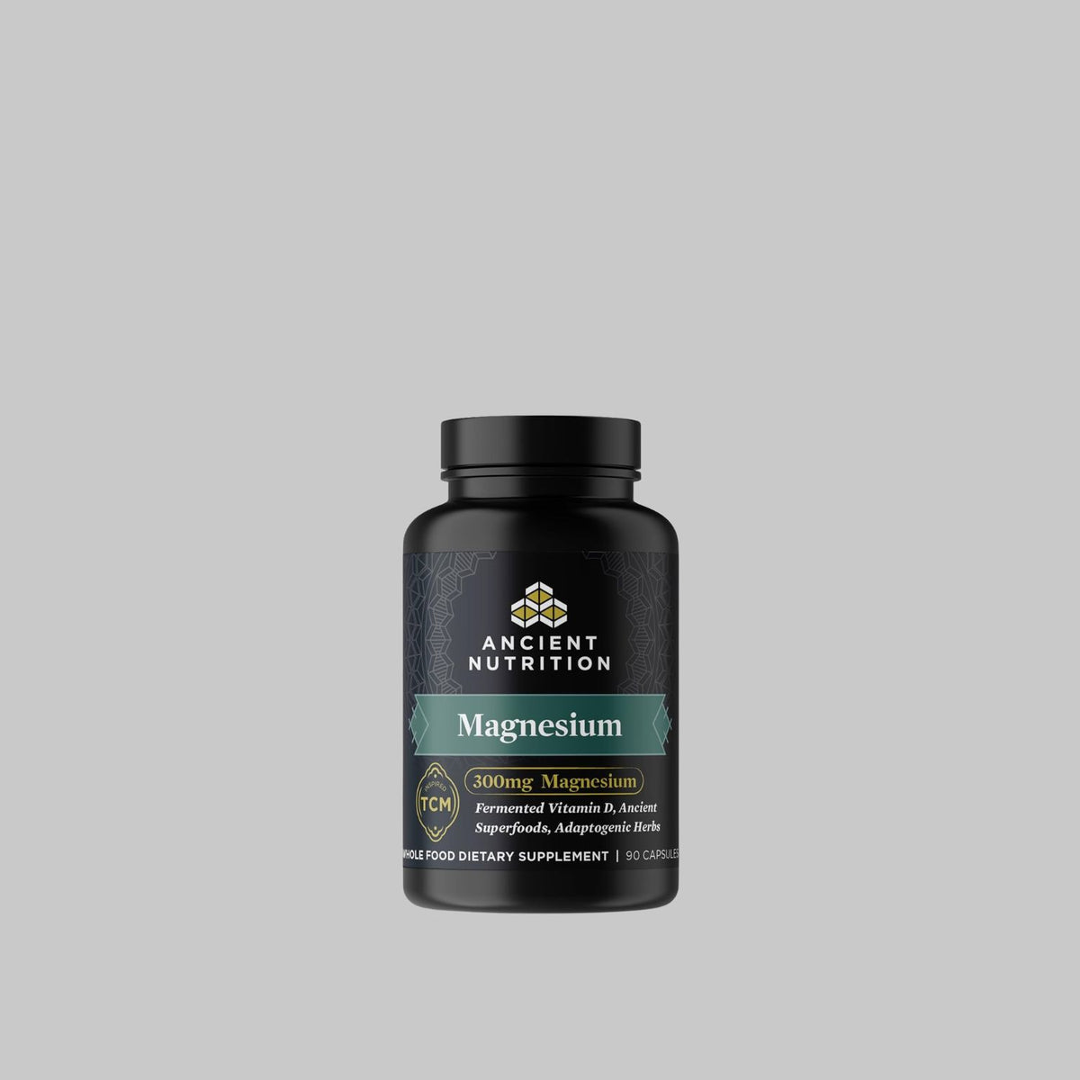 Ancient Nutrition Magnesium with fermented vitamin D and adaptogenic herbs, 90-capsule bottle.