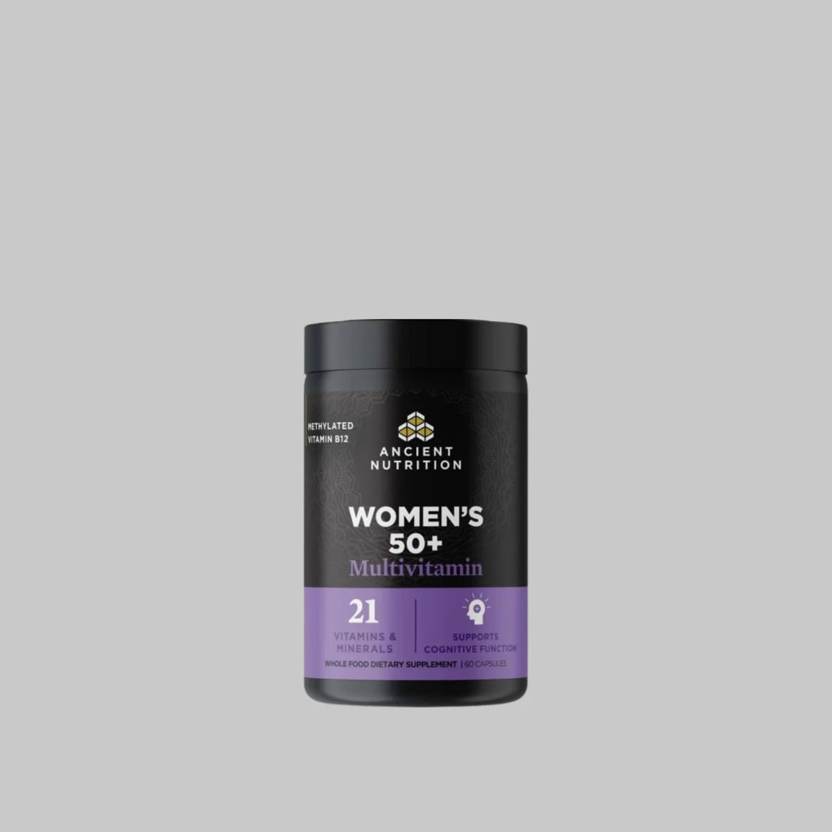 Ancient Nutrition Women's 50+ Multivitamin bottle, a whole food dietary supplement with 21 vitamins and minerals, 60 capsules.