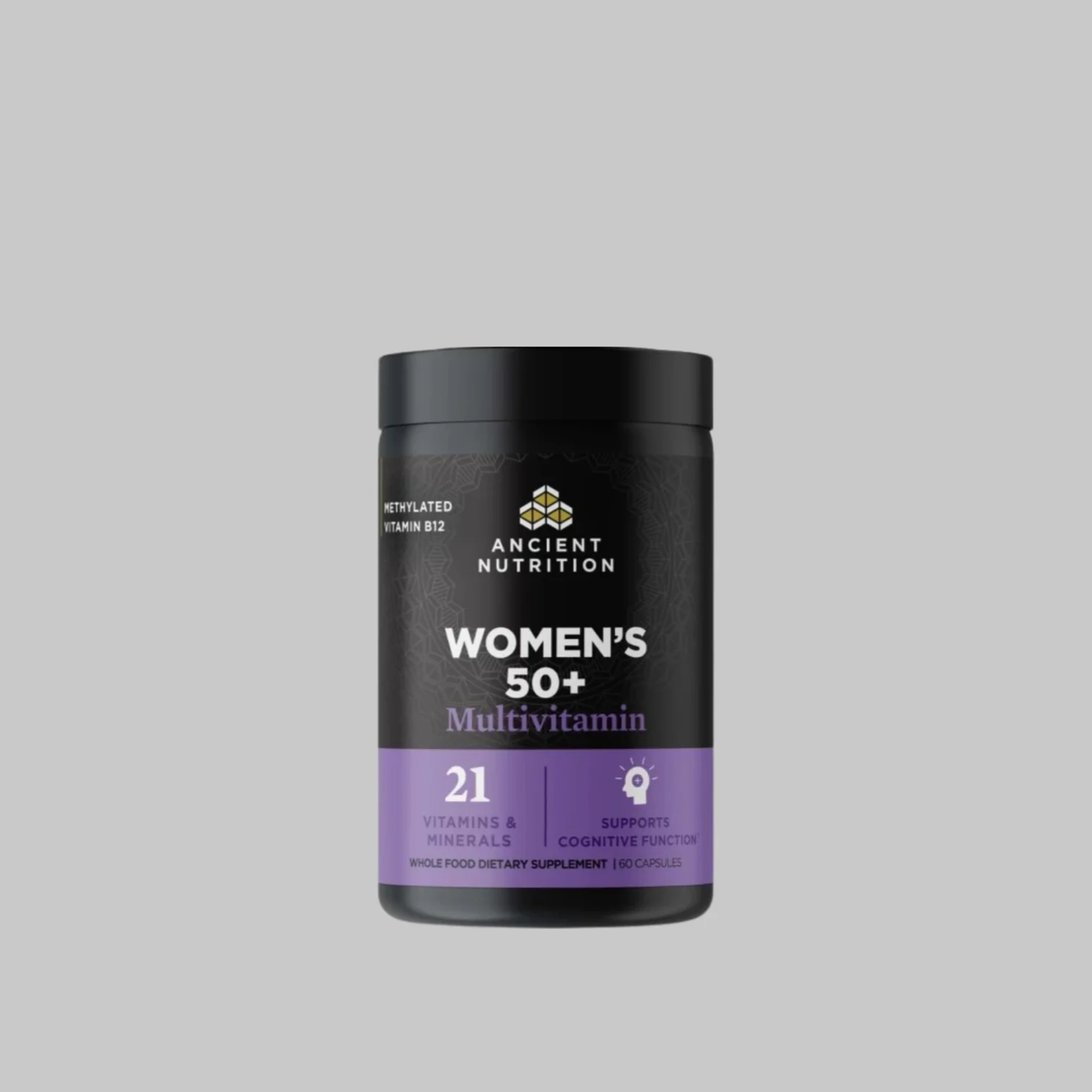 Ancient Nutrition Women's 50+ Multivitamin bottle, a whole food dietary supplement with 21 vitamins and minerals, 60 capsules.