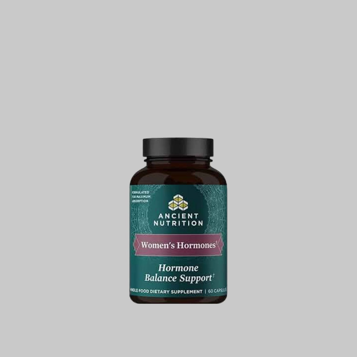 Ancient Nutrition Women’s Hormones Blend supplement bottle with 60 capsules on a gray background.