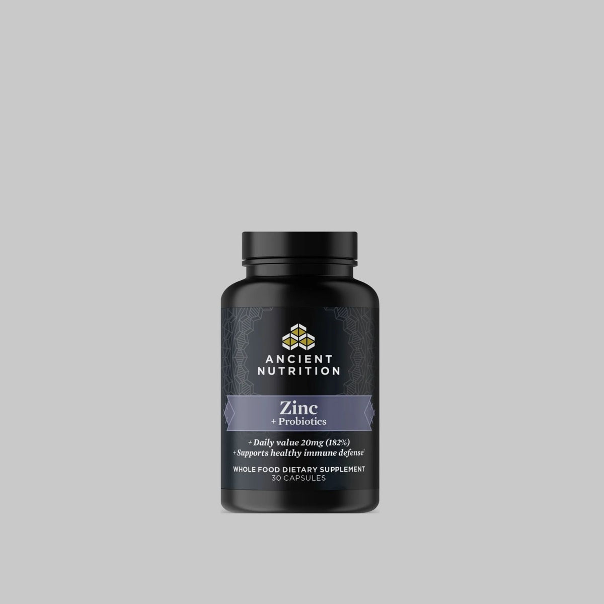 Ancient Nutrition Zinc + Probiotics supplement bottle, 30 capsules.
