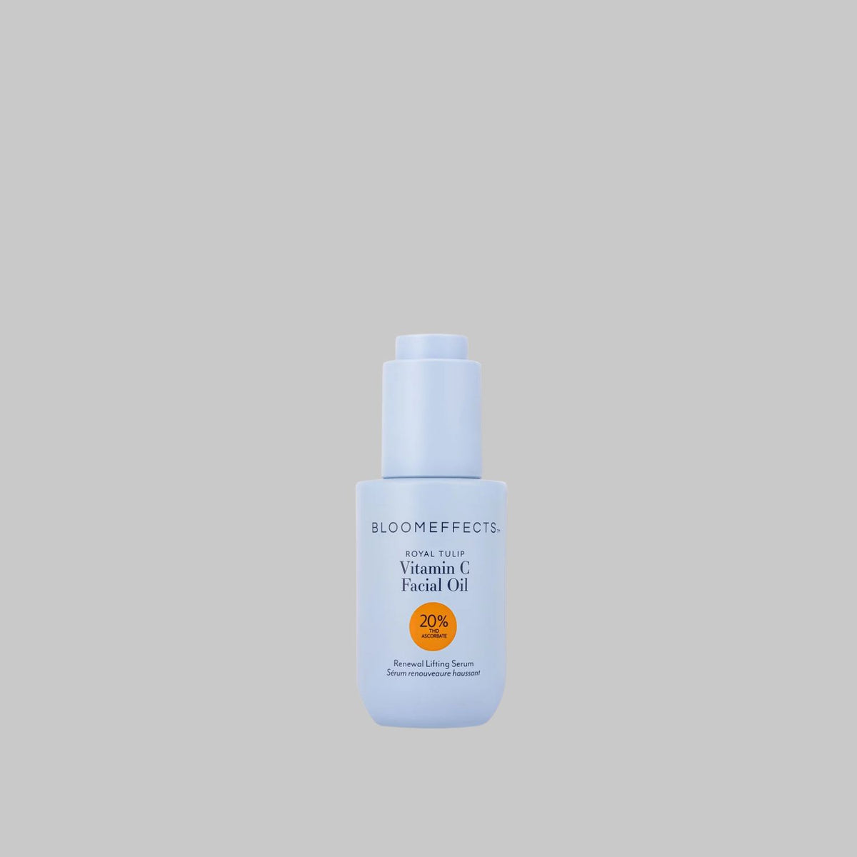 Bloomeffects Royal Tulip Vitamin C Facial Oil in a pale blue pump bottle with a 20% THD ascorbate label.
