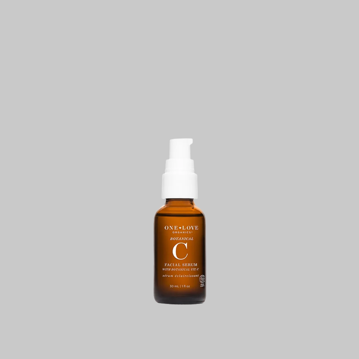 ne Love Organics Botanical C Facial Serum 30 ml in an amber glass bottle with a white pump