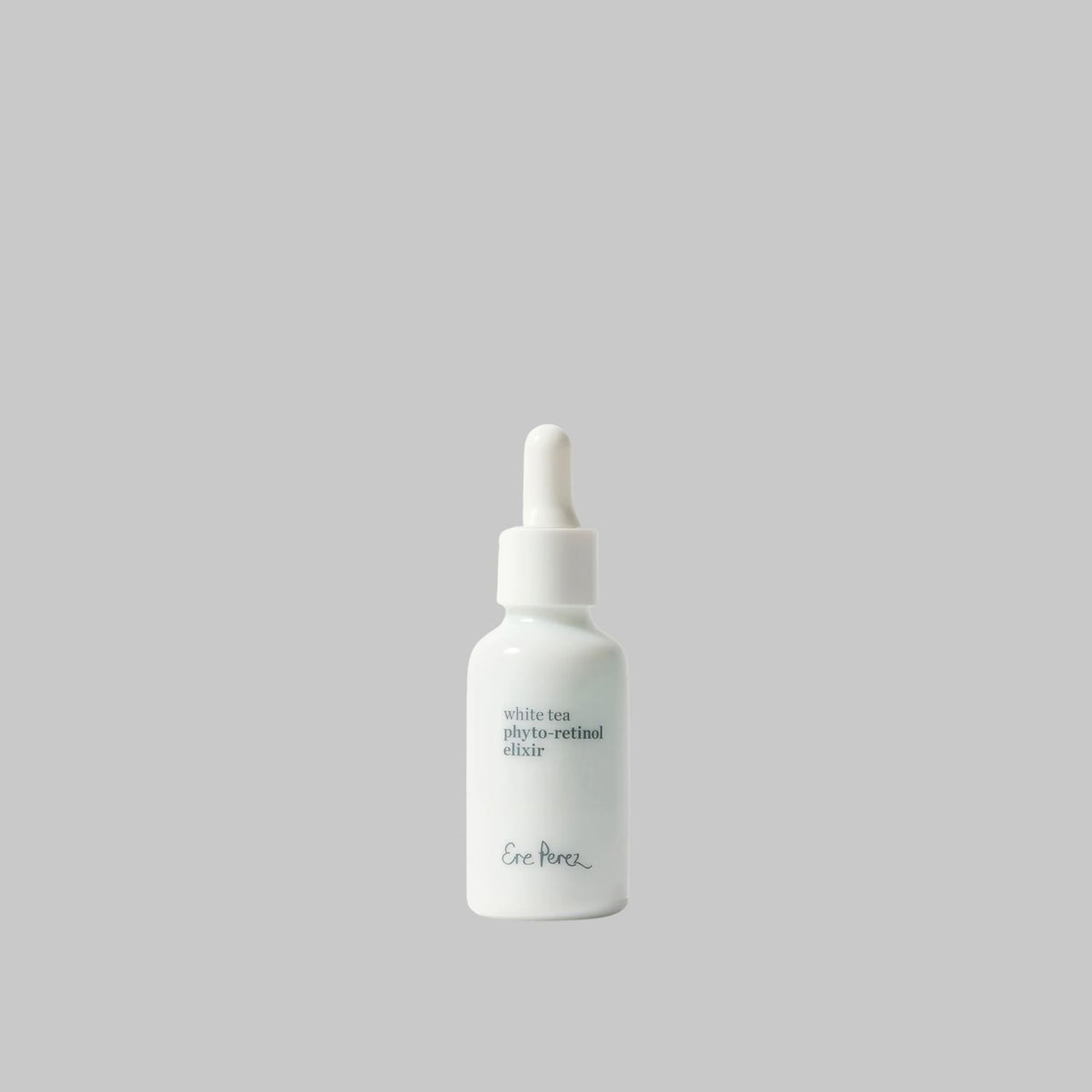 Ere Perez White Tea Phyto-Retinol Elixir in a white dropper bottle on a grey background.