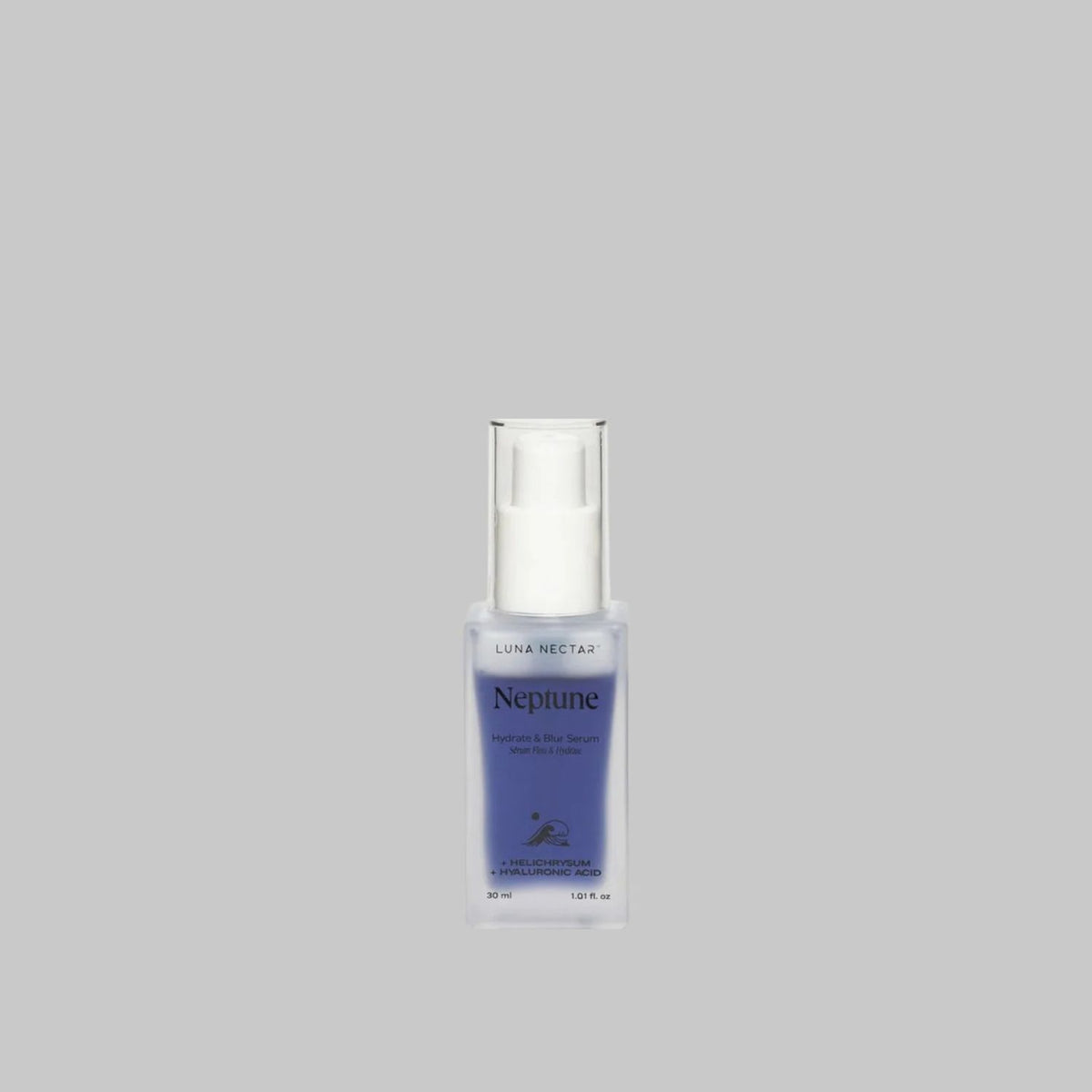 Luna Nectar Neptune Hyaluronic Acid Blur Serum in a clear 30 ml bottle with a white pump on a gray background.