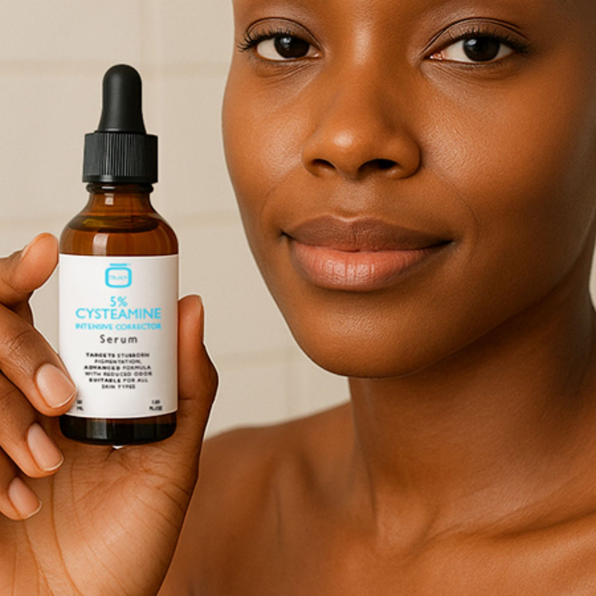 Woman holding OMIC+ 5% Cysteamine Intensive Corrector Serum beside her face.