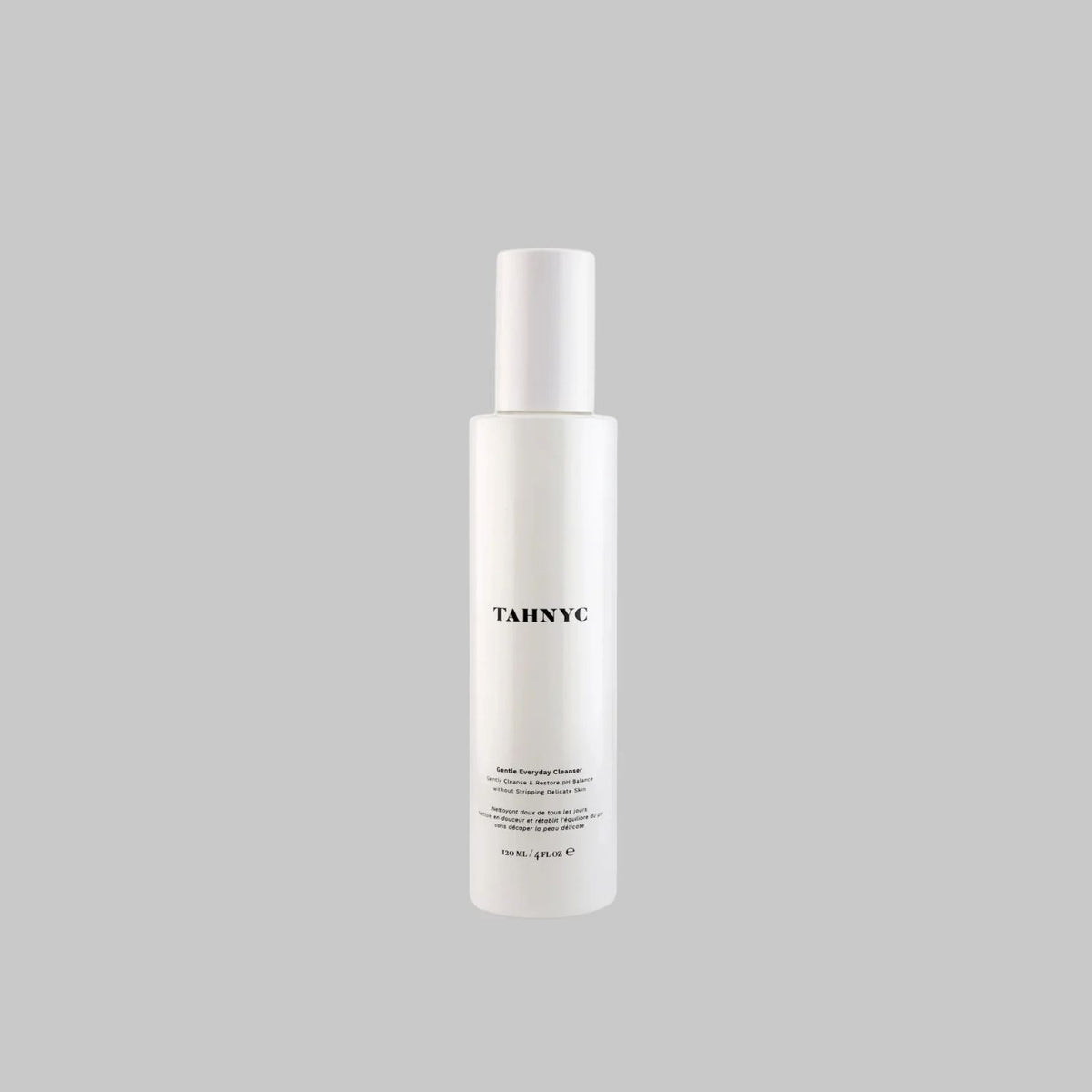 Gentle Everyday Cleanser, 120 ml white bottle on a gray background