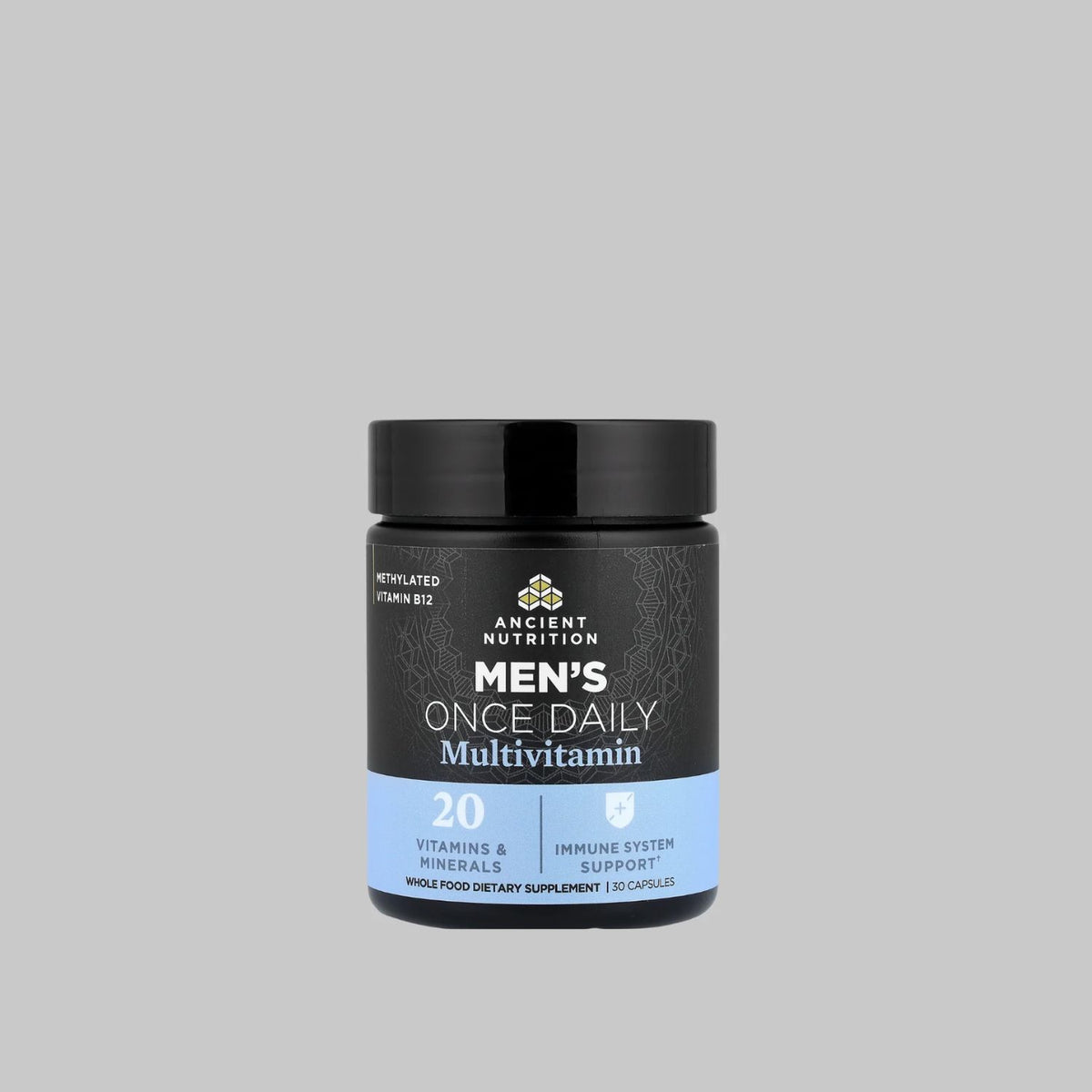 Ancient Nutrition Men's Once Daily Multivitamin bottle with 20 vitamins and minerals, 30 capsules.