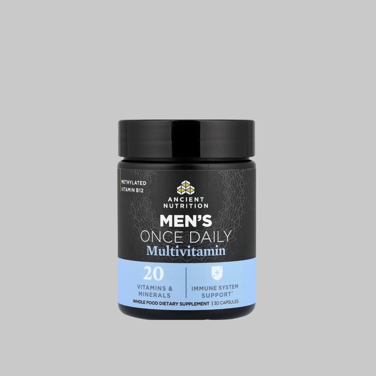 Ancient Nutrition Men's Once Daily Multivitamin bottle with 20 vitamins and minerals, 30 capsules.