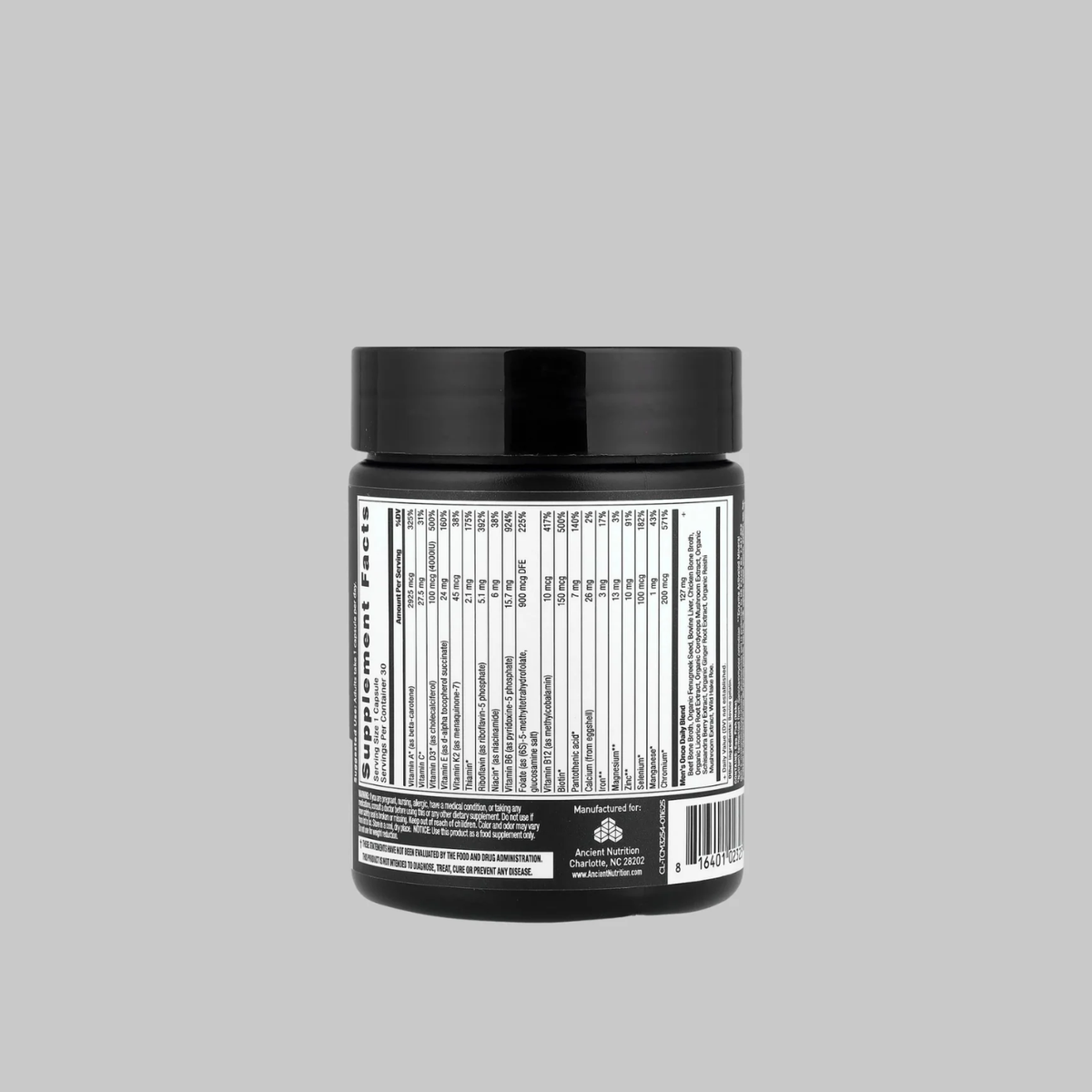 Back of Ancient Nutrition Men's Once Daily Multivitamin bottle showing the Supplement Facts panel and ingredient information.